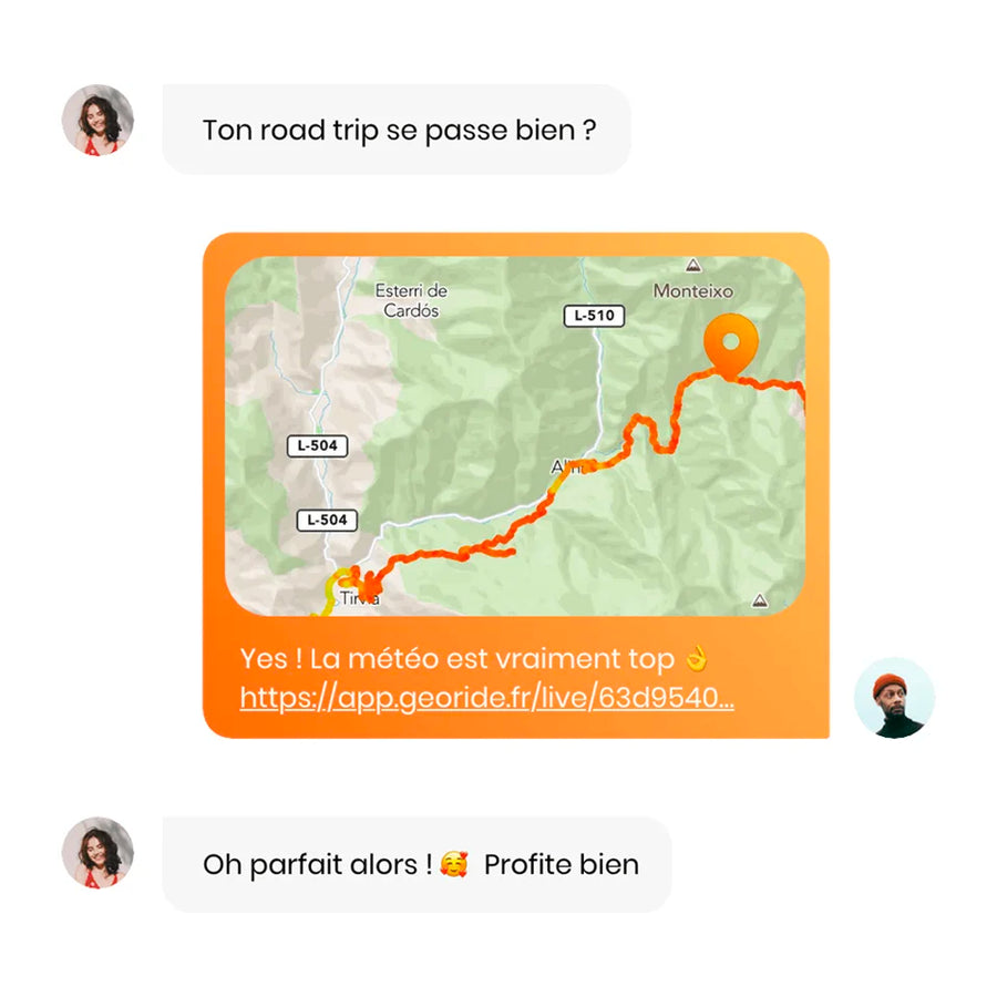 conversation d'un utilisateur de georide qui partage un lien de suivi de son roadtrip à son amie