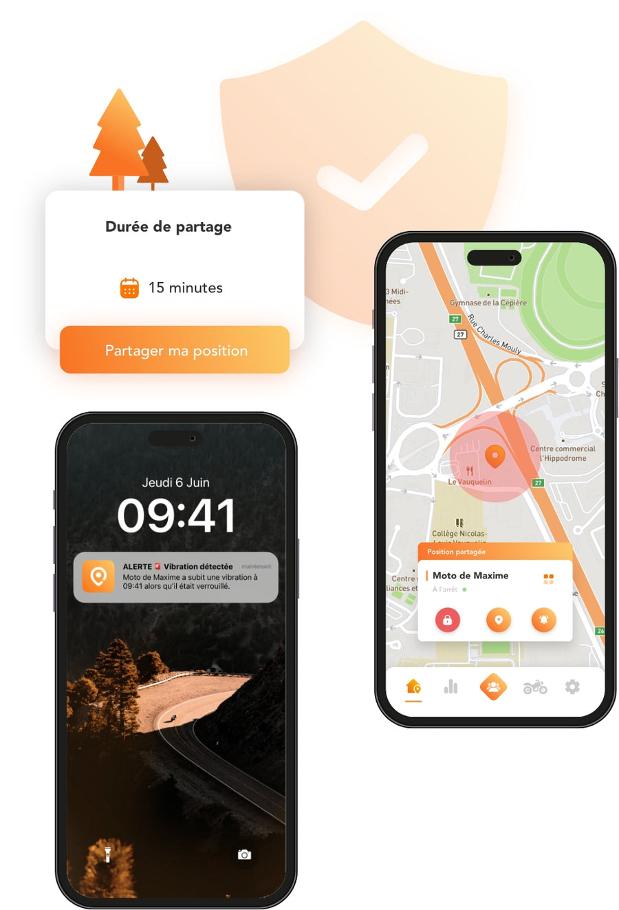 Visuel avec notif vibration, partage de position et écran d'accueil dans l'application