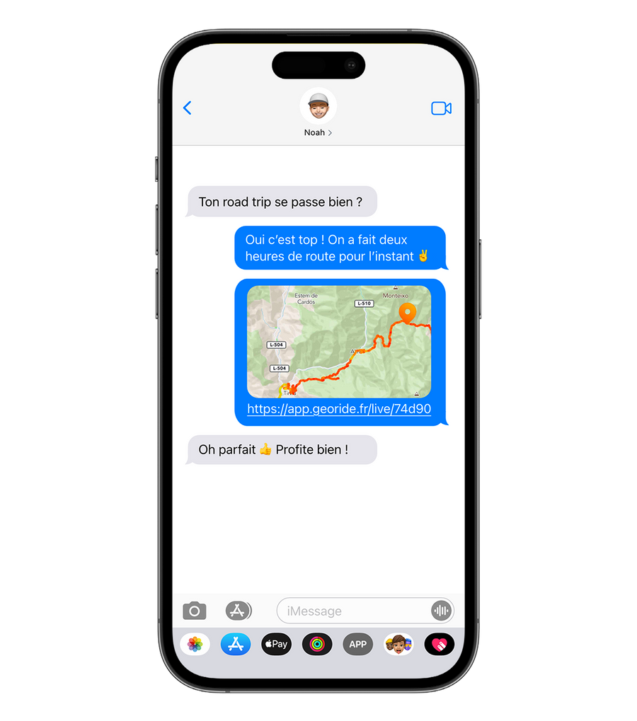 Écran d'une discussion entre noah et vous. Noah demande si votre trip s'est bien passée et vous lui envoyez un lien via l'application georide pour qu'il puisse visualiser votre trajet