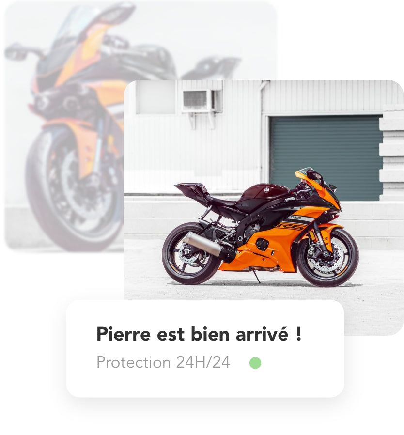 visuel moto avec notif "Pierre est bien arrivé"